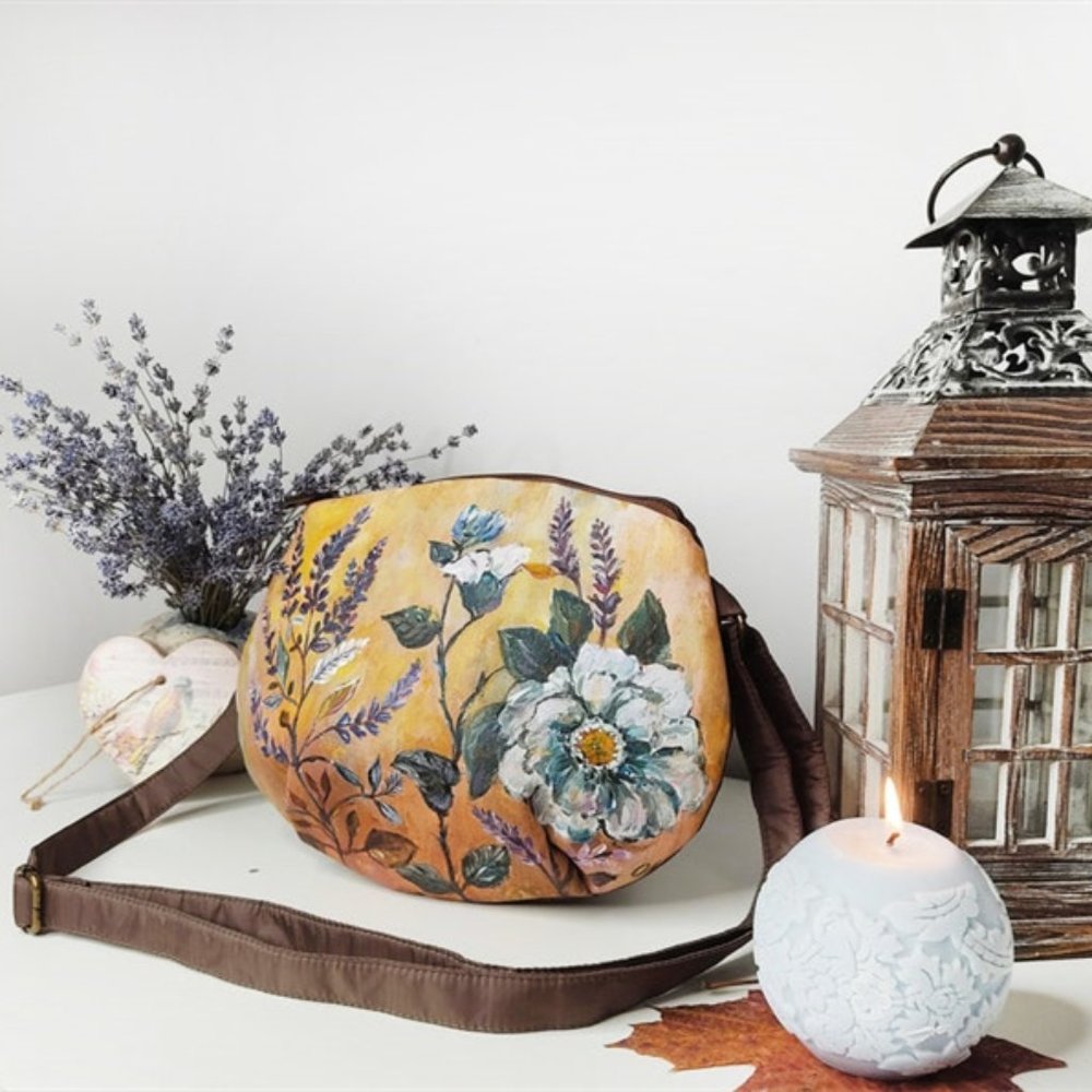 Crossbody purse for women with painted flowers, brown custom acrylic painting sh